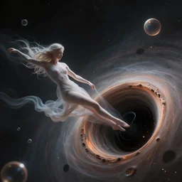 an ethereal figure getting delicately pulled and spaghettified into a blackhole, gravitational lenses, photons, dimples, fantasy, hyperrealism, 4k, volumetric lighting,a digitally transformed world, art by Andrew Chiampo, Frederik Heyman
