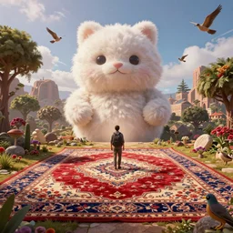 photo of a traveler in the magic Fluffy 3d Persian Carpet dimension, everything is carpet and 3d, birds and trees, surreal, Pixar movie panorama, immense detail, epic, striking
