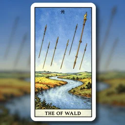 the eight of wands tarot card shows eight sprouting wands sailing through the air at high speed.. the sky is clear and the beautiful river is flowing freely, beautiful landscape, 8 wands flying through the air, beautiful artwork by steve skroce and william blake, featured on artstation, cgsociety, behance, dramatic lighting, detailed
