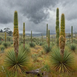 hyper realistic, high detail photo of yucca flats, monsoon, thomas kinkade style painting, beautiful, dreary lighting
