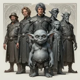 anthropomorphic highly detailed group portrait of rayman legends characters, intricate, elegant, highly detailed grey goblin, digital painting, artstation, concept art, smooth, sharp focus, illustration, art by artgerm, bob eggleton, michael whelan, stephen hickman, richard corben, wayne barlowe, trending on artstation and greg rutkowski and alphonse mucha, 8 k