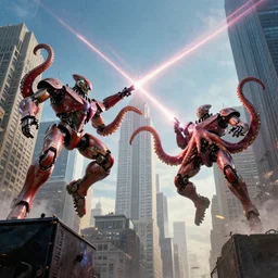 two robot octopus mechs battle with lasers in the sky high over nyc. production photograph by moebius from big budget hollywood vfx weta sci - fi movie.