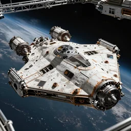 a diy spaceship capable of warp speed, realistic appearance with lots of details like nuts and bolts, rusty parts in the hull. the engines are powered on and we see it from the bridge of a space station