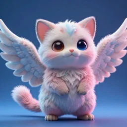 high quality 3 d render hyperrealist very cute multipastel fluffy! one - eyed cat tarsier hybrid with detailed fluffy wings!!, vray smooth, in the style of detective pikachu, hannah yata charlie immer, dramatic blue light, low angle, uhd 8 k, sharp focus