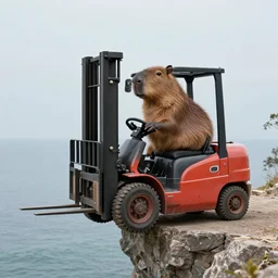 a capybara driving a forklift over a cliff, digital art