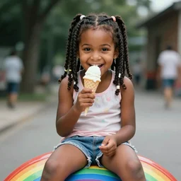 photo of a little 👧🏾 girl with dreads eating ice cream smiling, sitting on top of a rainbow, 35mm photo, high quality, 4K, 8K, realistic, perfect eyes, perfect face, beautiful, detailed, 8k resolution, Kodak 35mm