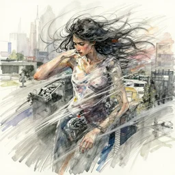 abstract work, our desperation, selfishness, and our effort to save the world and ourselves in the face of all this modernity stand before us like a lyrical blow of wind, award winning watercolor pen illustration, by caroline choi, edited by range murata