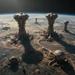 photorealistic concept art of an alien planet surface, surreal alien life, by greg rutkowski and james gurney