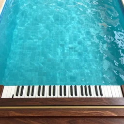 an upright piano at the bottom of a swimming pool