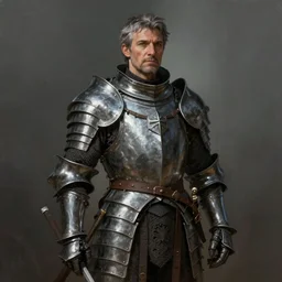 portrait of middle - aged man in banded mail, full armor, warrior, graying hair, short stubble, fantasy, medium shot, cinematic, stunning, highly detailed, digital painting, artstation, soft focus, ominous lighting, full body shot, illustration, art by raf grassetti and hugo richard