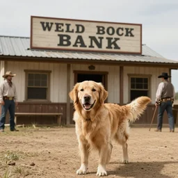 a golden retriever robbing a wild west bank, cinematic style photograph