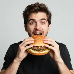 realistic studio portrait photo, model eating an absolutely giant hamburger, mouth wide open