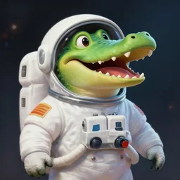 a cute happy crocodile astronaut in a white spacesuit, open happy mouth, realistic crocodile head, smiling, beautiful, matte fantasy painting, deviantart artstation, by jason felix by steve argyle by tyler jacobson by peter mohrbacher, cinematic lighting