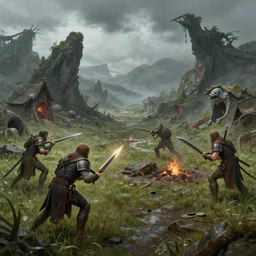 four human fighters attacking goblin settlement, fantasy, d & d, artstation, 8 k, concept art, natural lighting, cloudy, rainy, ambient occlusion