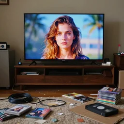home photography portrait, the living room, tv, dvd package , cable, cardboards ; mess, dirty, summer, Color VHS picture quality with mixed noise
