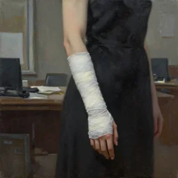 dark oil realistic painting a graceful woman's arm wrapped in bandages, abstract decrepit office environment