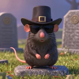 a still of an anthropomorphic gangster rat, wearing sunglasses and a mafia-style hat, long fur, squatting on a grave in a DIsney Pixar movie, 35mm f2.8, 4k, artstation, PBR materials, Pixar renderman render