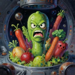 angry vegetables in space station | anime horror lovecraft oil painting high resolution scifi futuristic ghibli inspired 4 k