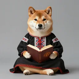 lotus pose, anthropomorphic shiba inu, wearing for man ukrainian traditional black vyshyvanka clothes, reading book, portrait art by donato giancola and greg rutkowski, realistic face, digital art, trending on artstation, symmetry