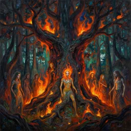 high intricate abstract painting of evil forest spirits burning the ancient forest, massive ancient tree, maria panfilova, andrea savchenko, mike kime, ludovic plouffe, qi sheng luo, oliver cook, david noren, trending on artstation