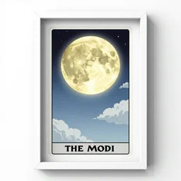 the moon tarot card as drawn by studio ghibli, whole card, white frame