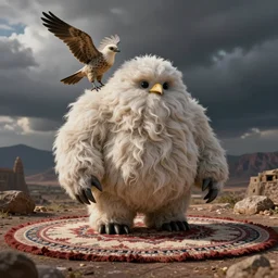 photo of a magic Fluffy 3d Persian Carpet golem, bird on his shoulder, surreal, epic, striking, depth of field, by Jonas Jensen