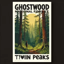 a mid-century modern travel poster of Ghostwood National Forest, Twin Peaks