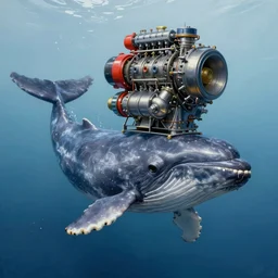 a cachalot with a race car motor engine instead of its head. a highly detailed, photorealistic painting, an unreal creature, a cachalot, a marine creature, 8 k, cyber - punk