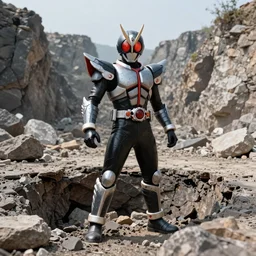 High Fantasy Kamen Rider standing in a crater, single character full body, 4k, rock quarry location, vibrant colors, daytime, action scene, glowing eyes, rubber undersuit, fantasy inspired segmented dragon armor made out of pvc plastic, ultra realistic, high quality, cinematic