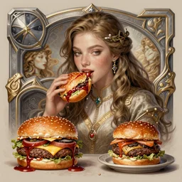 Natalia Dyer Eating Big Macs, dripping BBQ Sauce, serving burgers, D&D, fantasy, intricate, elegant, highly detailed, digital painting, artstation, concept art, matte, sharp focus, illustration, hearthstone, art by Artgerm and Greg Rutkowski and Alphonse Mucha