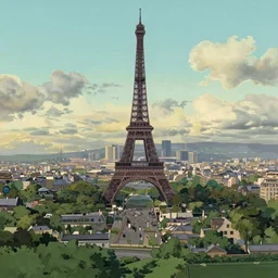 paris skyline with the eiffel tower visible, art by hayao miyazaki, studio ghibli film