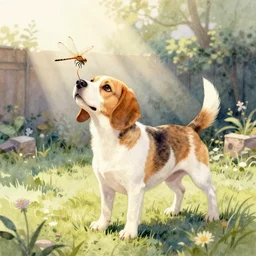 water color painting of a white and caramel beagle dog playing with dragonfly in a backyard, harsh lighting, detailed, trending on artstation, dull pastel colors, bright, god rays, dreamy, trending on artstation
