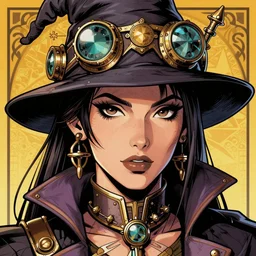 a detailed portrait illustration of a steampunk sorcerer. beautiful transgender female face. art nouveau, pop art, comic book style. influenced by neil gaiman, h. p. lovecraft, dan mumford, brian froud, vadim voitekhovitch, killian eng, ross tran, karol bak.