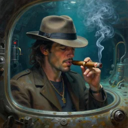 a painting of smoking a cuban cigar while a fedora sitting in a secret underwater base by Krenz Cushart, high detail, concept art, artstation, 8k
