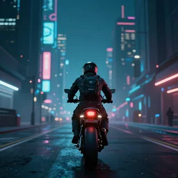an atmospheric lighting illustration of the back of a biker in the foreground centered while riding in a futuristic cyberpunk city at night in neon lights by john alvin render octane cyberpunk glowing particles