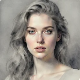 beautiful face woman, grey, colorless and silent, watercolor portrait by Luke Rueda Studios and David downton