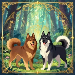 two finnish lapphunds, one brown and tan domino one black with white markings fanart ornate fantasy ori and the blind forest cover style official behance hd artstation by jesper ejsing, by rhads, makoto shinkai and lois van baarle, ilya kuvshinov, rossdraws pastel vibrant