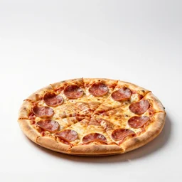 engraved pepperoni pizza, studio product photography, isolated on a pure white background, centered, entire object in frame, sharp focus, soft studio lighting
