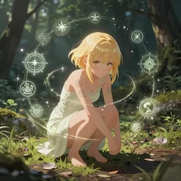 a cute sorceress with short blonde hair, with many detailed sigils made of magical energy orbiting in circles over her body, protecting her as she crouches warily on a forest path, fantasy anime, digital painting by WLOP