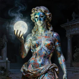 a neoclassicist sci - fi portrait of a colorful chrome marble sculpture wearing a mask holding a dimly glowing orb in a dark moonlit courtyard at night. iridescent textures. glowing fog, black background. highly detailed fantasy science fiction painting by moebius, norman rockwell, frank frazetta, and syd mead. rich colors, high contrast, gloomy atmosphere, dark background. artstation