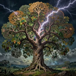 sacred mulberry tree by roger dean and andrew ferez, art forms of nature by ernst haeckel, divine chaos engine, tree of life, symbolist, visionary, art nouveau, botanical fractal structures, lightning, surreality, lichtenberg figure