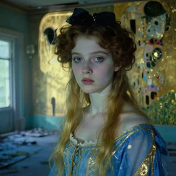 close up of a beautiful girl in a blue and gold haunted liminal abandoned room, film still by edward hopper, by Pontormo, by klimt, art noveau, highly detailed, strong lights, liminal, eerie, Bright pastel colors
