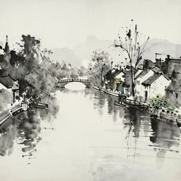 a beautiful ink painting of river and town, by Jackson Pollock