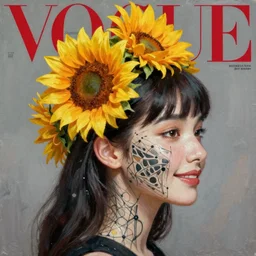 sunflower tiara, network face tattoo, korean audrey hepburn, vogue magazine, greg rutkowski, john singer sargent, trending on artstation, anime, oil painting, side profile portrait, looking right, smile, intricate