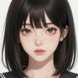 A close-up portrait of a beautiful anime girl by Huke, shoulder length straight black hair with bangs, concept art, soft lighting, trending on artstation