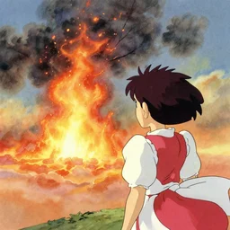 a wholesome animation key shot of nausicaa watching an approaching fire storm, studio ghibli, pixar and disney animation, sharp, disney concept art watercolor illustration by mandy jurgens and alphonse mucha and alena aenami, pastel color palette, fire, hot glowing embers float, bloom, dramatic lighting