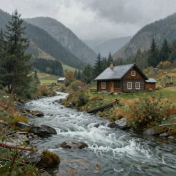 a river running past a cozy cabin in mountain side, heavy rain, classic painting, award winning, highly detailed
