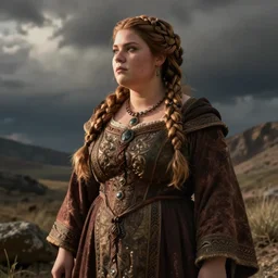 female dwarven noblewoman, chubby short stature, braided intricate hair, by diego gisbert llorens