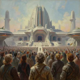 cinematic view of a retro scifi temple with crowd, desaturated, psychedelic, tim hildebrandt, wayne barlowe, bruce pennington, donato giancola, larry elmore, oil on canvas, masterpiece, trending on artstation, featured on pixiv, cinematic composition, dramatic, beautiful lighting, sharp, details, hyper - detailed, hd, hdr, 4 k, 8 k