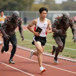 stock photograph of an athletic runner holding a bible. Chased by mysterious monsters. Track and field event. DSLR Photography